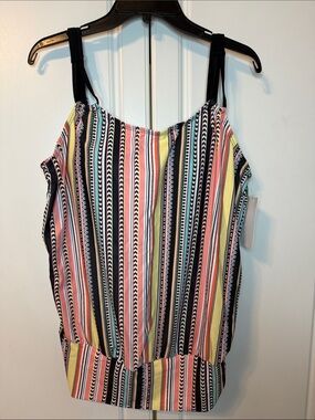Striped Multi-Color Tankini Top with Black Straps